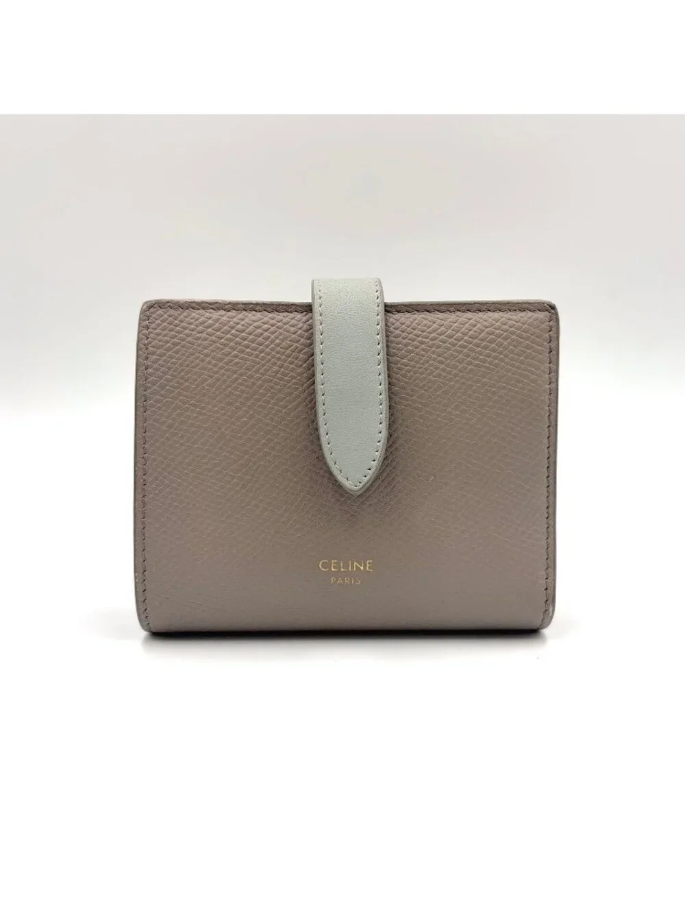 Celine Strap Wallet Leather Gray Bifold Gold
